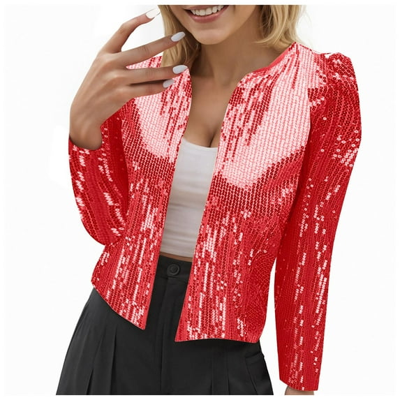 adviicd Women Fashion Sequin Jacket Open Front Long Sleeve Short Blazer Casual Outerwear Coat Red, XXL