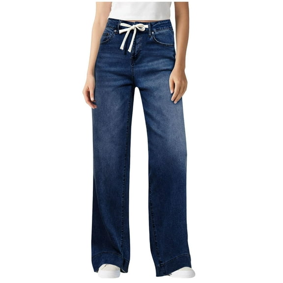 adviicd Women High Waisted Wide Leg Drawstring Jeans Pull On Casual Baggy Boyfriend Denim Trouser Jean with Pockets (Blue, L)
