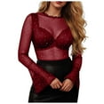 thumbnail image 1 of adviicd Women Mesh Tops Rhinestone Tops Long Bell Sleeve Blouses Glitter Shirts Sexy Clubwear Outfits (Wine, XXL), 1 of 6