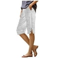 thumbnail image 1 of adviicd Women Summer Bermuda Shorts Knee Length Dressy Causal Elastic Waist Linen Shorts with Pockets White, M, 1 of 7