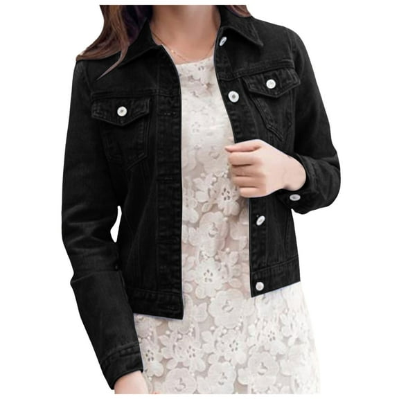 adviicd Women Trendy Jean Jacket Stretchy Cropped Denim Jacket Long Sleeve Button Down Denim Coat Black, S