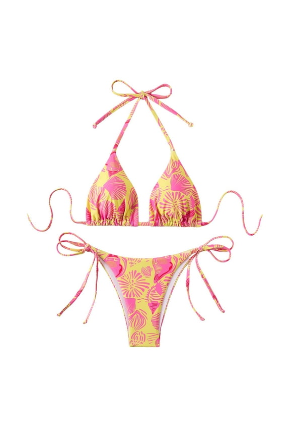 Women Triangle Bikini Sets Halter Two Piece Sexy Swimsuit String Tie Side Bathing Suit (Pink,L)