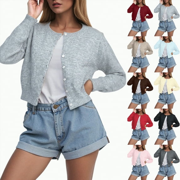 adviicd Women Y2K Button Front Crop Sweater Cardigan Solid Color Crew Neck Long Sleeve Knit Fall Tops Streetwear (Pink, S)