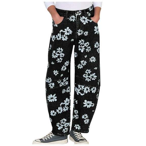 adviicd Women Y2k Distressed Barrel Jeans Baggy Wide Leg Jeans Floral Printed Boyfriend Patchwork Denim Pants (Black, XL)