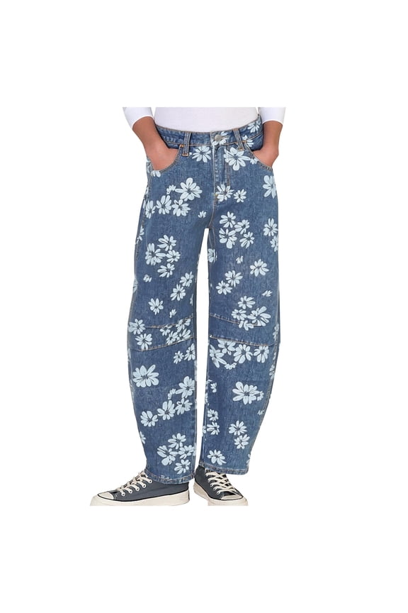 Women Y2k Distressed Barrel Jeans Baggy Wide Leg Jeans Floral Printed Boyfriend Patchwork Denim Pants (Light Blue, L)