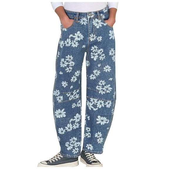 adviicd Women Y2k Distressed Barrel Jeans Baggy Wide Leg Jeans Floral Printed Boyfriend Patchwork Denim Pants (Light Blue, L)
