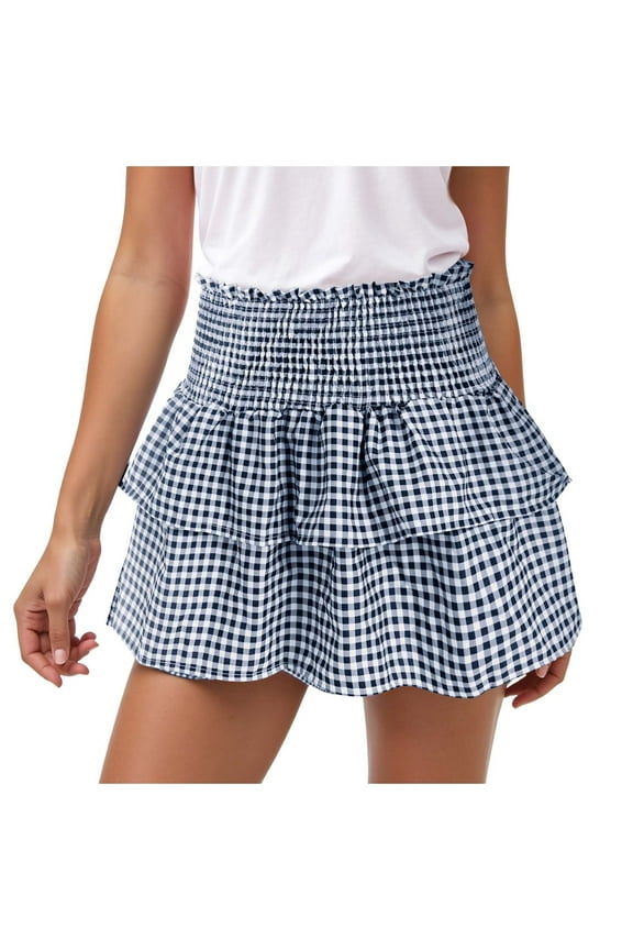 Women Y2k Plaid Ruffle Mini Skirt Smocked Waist Pleated Tiered Short Skirt Aline Gingham Skirt Streetwear Blue, XL