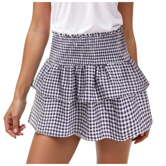 adviicd Women Y2k Plaid Ruffle Mini Skirt Smocked Waist Pleated Tiered Short Skirt Aline Gingham Skirt Streetwear Purple, S