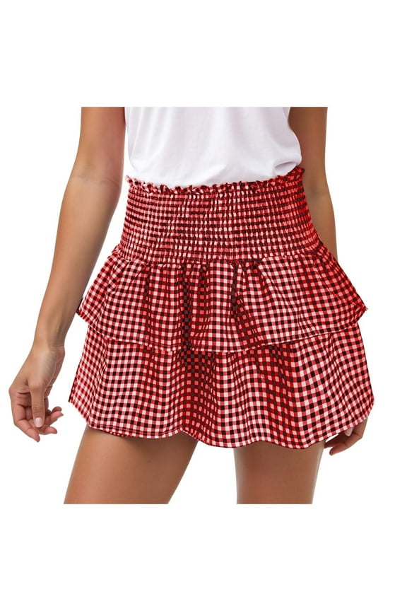 Women Y2k Plaid Ruffle Mini Skirt Smocked Waist Pleated Tiered Short Skirt Aline Gingham Skirt Streetwear Red, S