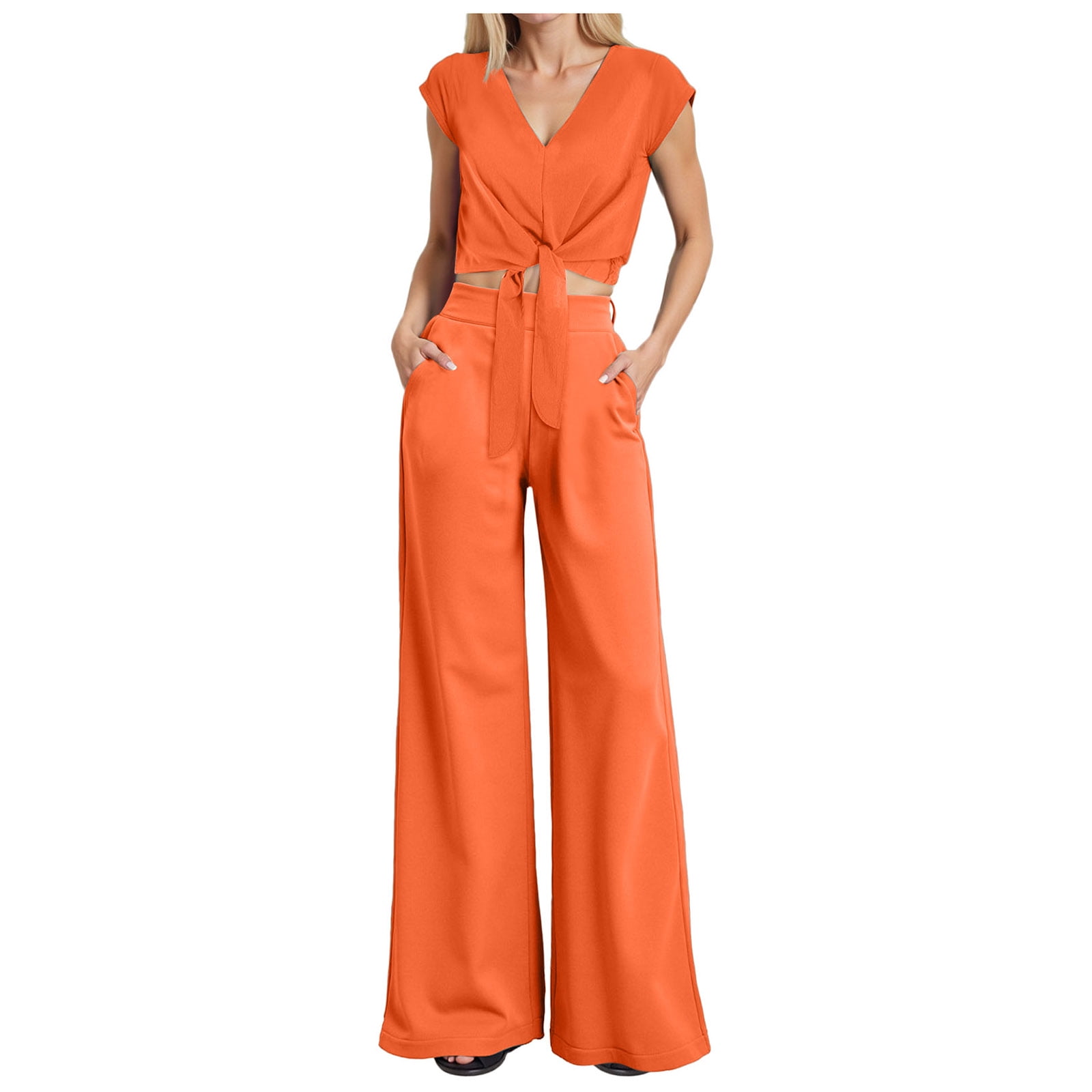 TTUHYWXI Women's Summer 2 Piece Outfits 2025 Cap Sleeve V Neck Belted Crop Tops Wide Leg Pant Sets Casual Tracksuit Brown M 419e889c 79ac 4aed 8055 38ccfe668c51.d9d87ffb246904d65acc30762c0e79b6