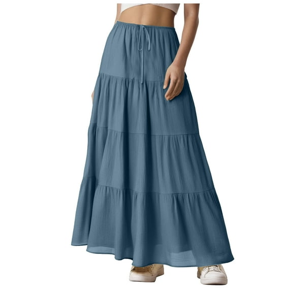 adviicd Women's Boho Skirt Flowy Flared Ruffle Tiered Long Maxi Skirts Going Out Outfits with Pockets Blue, M