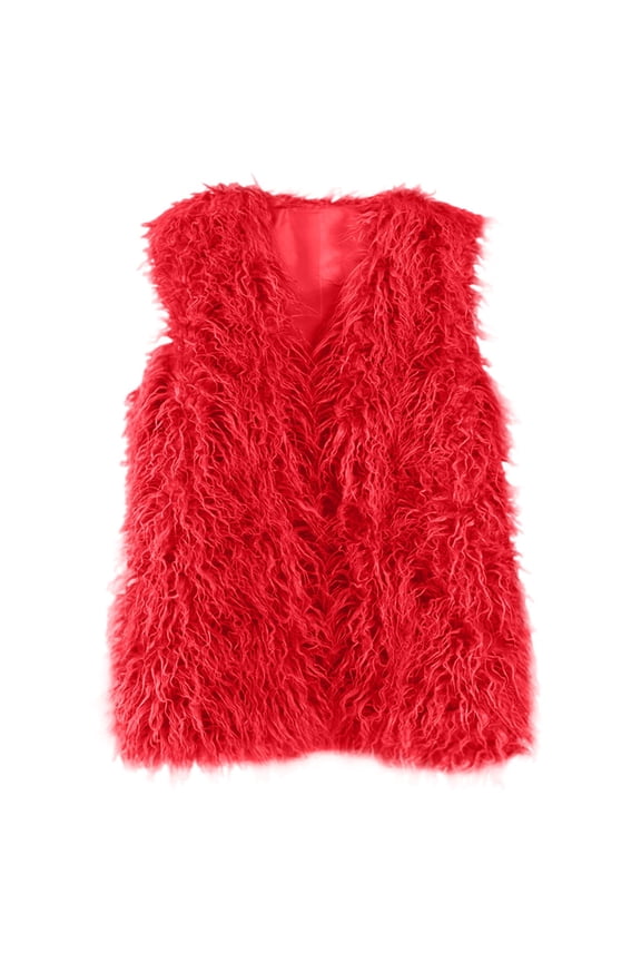Women's Faux Fur Waistcoat,Warm Fluffy Vests Stylish Jackets Coat (Red, M)