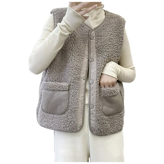 adviicd Women's Fleece Fuzzy Vest Winter Warm V Neck Sleeveless Outerwear Lightweight Casual Waistcoat with Pockets (Khaki, M)