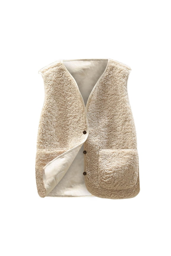 Women's Fleece Vest for Autumn Winter, Warm Soft Sleeveless Jacket Casual Short Puffer Waistcoat with Pockets (Beige, L)