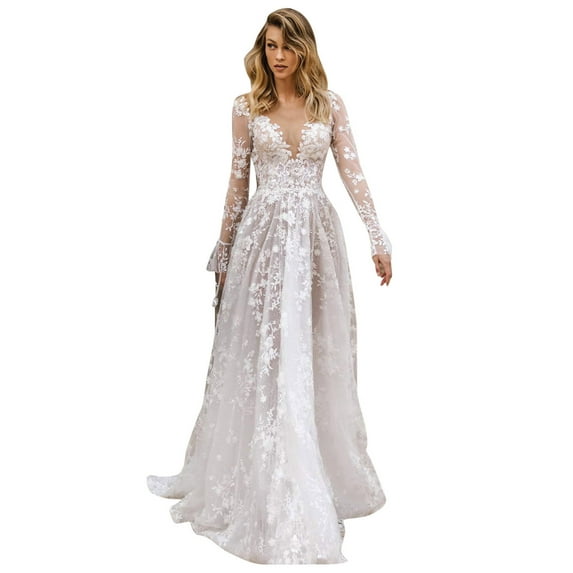 adviicd Women's Formal Dresses Lace Appliques Long Sleeve Wedding Dresses 2024 for Women Plus Size Elegant Bridal Gowns (White,M)