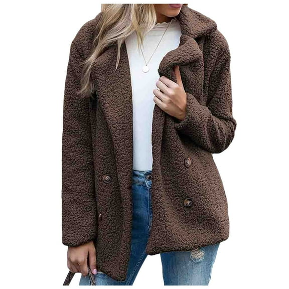 adviicd Women's Fuzzy Fleece Jacket Winter Teddy Bear Sherpa Coat Notched Collar Button Down Outwear with Pockets (Coffee, L)