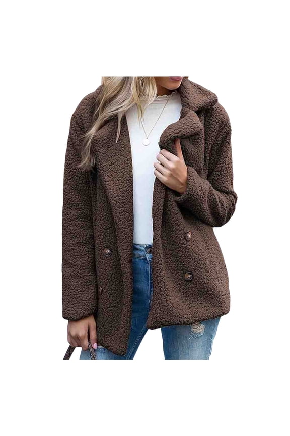 Women's Fuzzy Fleece Jacket Winter Teddy Bear Sherpa Coat Notched Collar Button Down Outwear with Pockets (Coffee, S)