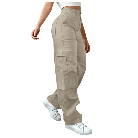 adviicd Women's High Waist Cargo Pants - Elastic Wide Leg Trousers with Pockets for Hiking Street Style (Beige, XL)