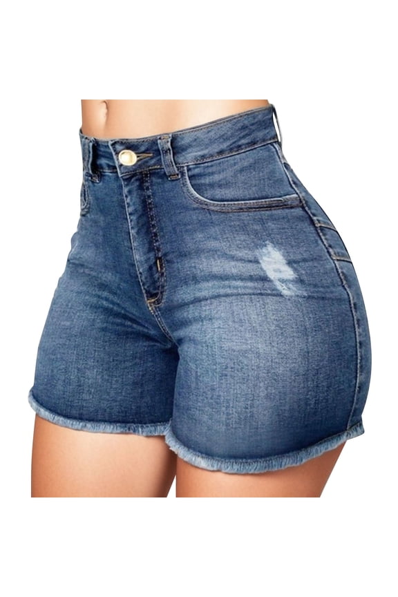 Women's Mid-High Rise Jean Shorts Stretchy Ripped Distressed Denim Shorts,Blue L