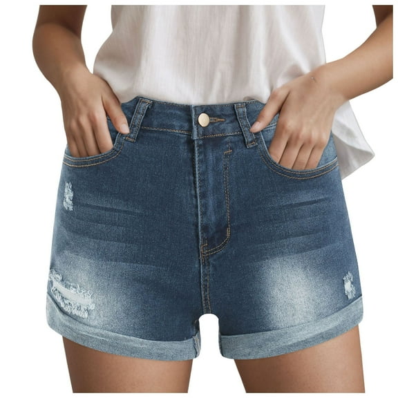 adviicd Women's Mid-High Rise Ripped Denim Shorts Stretchy Distressed Jean Shorts with Pockets Casual Summer Jorts Navy, XL