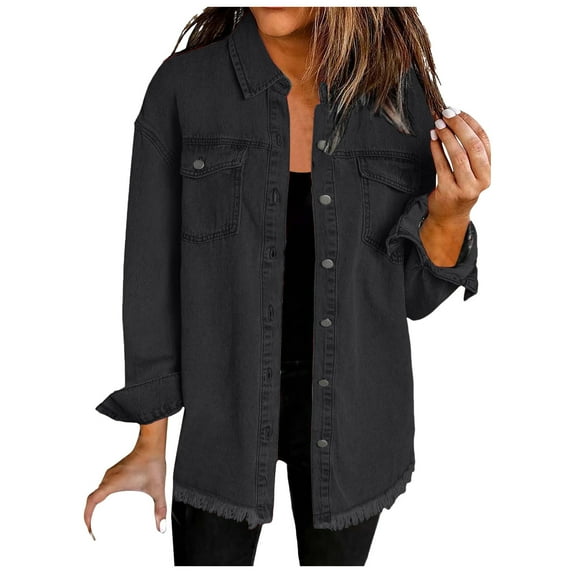 adviicd Women's Oversized Button Up Frayed Hem Shacket Long Sleeve Pockets Denim Jean Jacket Black, XXL