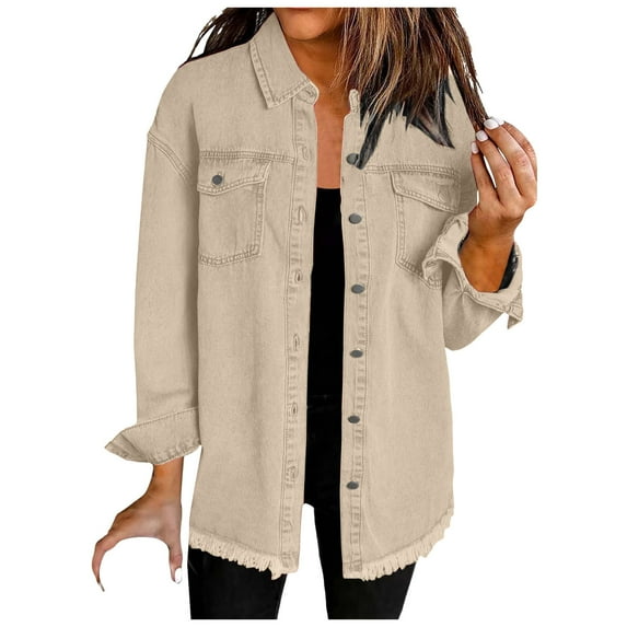 adviicd Women's Oversized Button Up Frayed Hem Shacket Long Sleeve Pockets Denim Jean Jacket Khaki, L