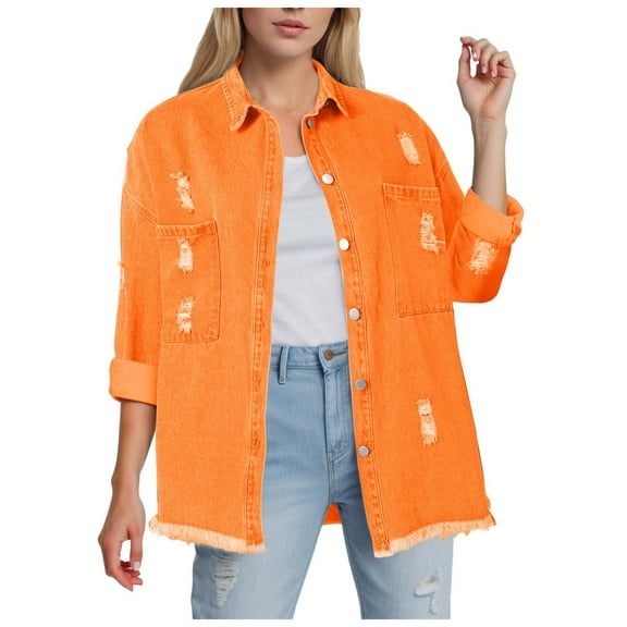 adviicd Women's Oversized Denim Jacket Boyfriend Long Jean Jacket Loose Shacket Trucker Coats Orange, XXL