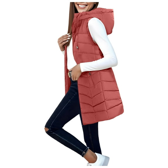 adviicd Women's Plus Size Long Puffer Vest Winter Quilted Hooded Sleeveless Zip Up Long Jacket Vest Gilet Warm Winter Outfits (Brick Red, XL)