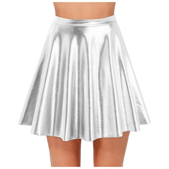 adviicd Women's Plus Size Sparkly Metallic Flared Pleated Mini Skater Skirt (Silver, XXL)