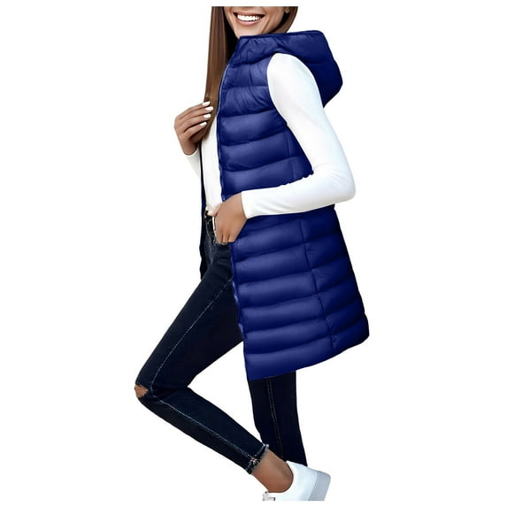 adviicd Women's Quilted Puffer Vest with Pockets, Sleeveless Zip-Up Long Puffy Jacket for Winter, Warm Casual Thick Coat (Navy, 3XL)