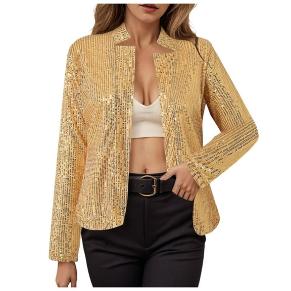 adviicd Women’s Sequin Jackets Long Sleeve Open Front Coat Glitter Short Blazer Casual Coat Party Club Gold, XL