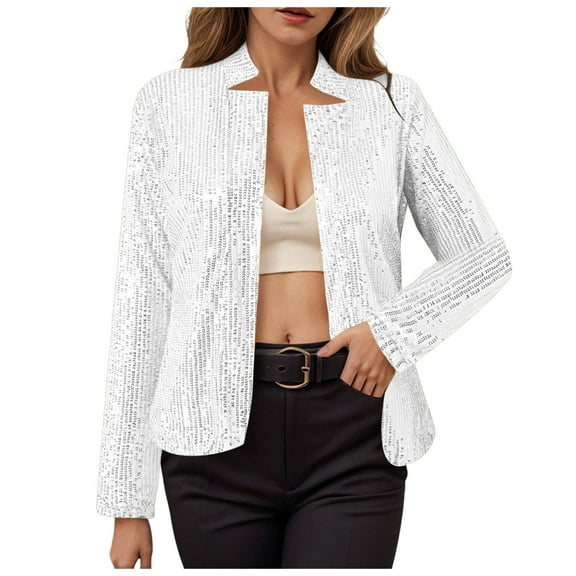 adviicd Women’s Sequin Jackets Long Sleeve Open Front Coat Glitter Short Blazer Casual Coat Party Club White, L