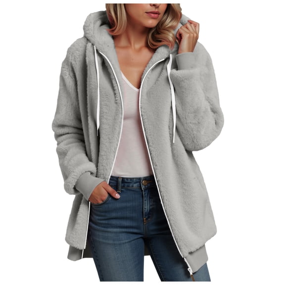 adviicd Women's Sherpa Fleece Hooded Jacket Zip Up Fuzzy Sweatshirts Fall Winter Warm Soft Cozy Clothes (Grey, L)