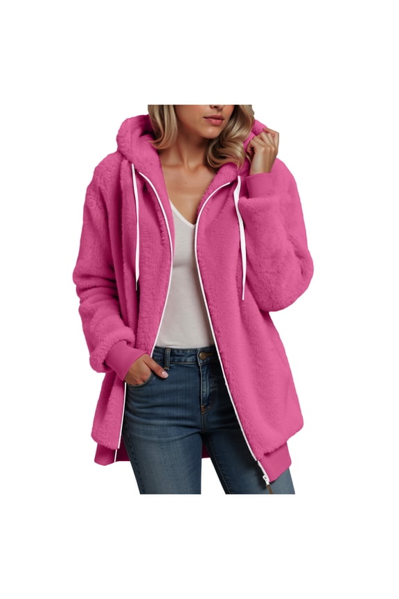 Women's Sherpa Fleece Hooded Jacket Zip Up Fuzzy Sweatshirts Fall Winter Warm Soft Cozy Clothes (Hot Pink, S)