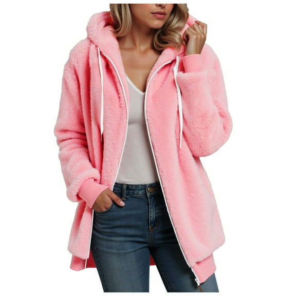 adviicd Women's Sherpa Fleece Hooded Jacket Zip Up Fuzzy Sweatshirts Fall Winter Warm Soft Cozy Clothes (Pink, 4XL)