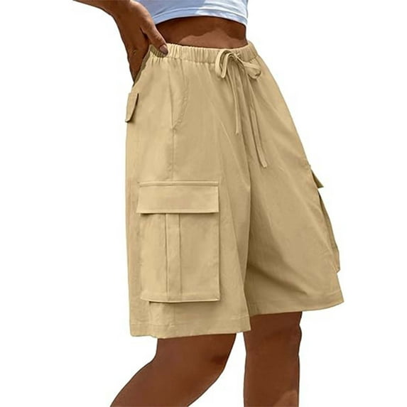 adviicd Women's Summer Casual Cargo Shorts Elastic Waist Drawstring Hiking Bermuda Shorts with Pockets Khaki, XS