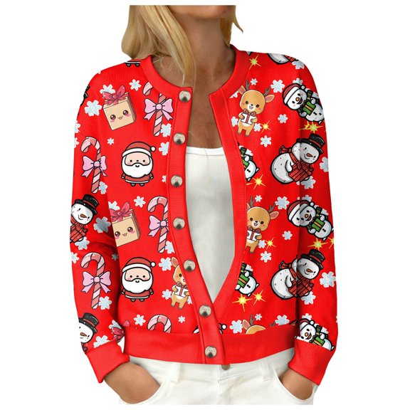 adviicd Women's Ugly Christmas Cardigan Sweaters Open Front Button Down Crew Neck Long Sleeve Knit Outwear Coat (Red, XL)