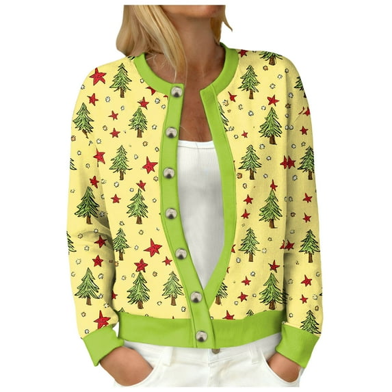 adviicd Women's Ugly Christmas Cardigan Sweaters Open Front Button Down Crew Neck Long Sleeve Knit Outwear Coat (Yellow, M)
