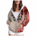 thumbnail image 1 of adviicd Women's Zip-Up Halloween Hoodie with Blood Stain Print - Pockets & Cozy Fleece Jacket (Wine, L), 1 of 9
