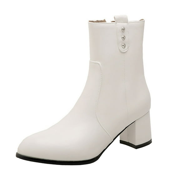 adviicd Womens Ankle Boots Womens Ankle Boots Block Heel Round Toe Side Zipper Dress Fall Booties Shoes (White,6.5)