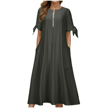 adviicd Womens Boho Eyelet Pastel Dress Button V Neck Tie Knot Short Sleeve Vacation Beach Midi Dresses with Pockets Dark Gray, S