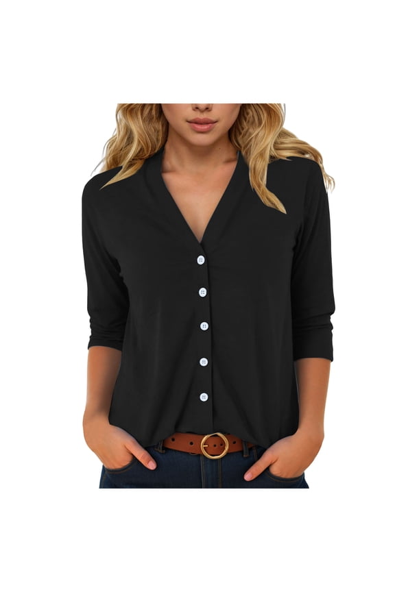 Womens Button Down Shirts Casual V Neck 3/4 Length Sleeve Open Front Cardigan Dressy Loose Work Blouses Top (Black, M)