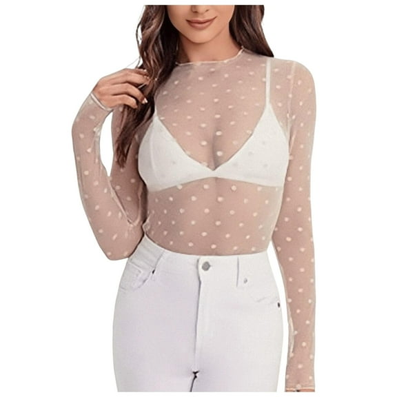 adviicd Womens Lace Mesh Long Sleeve Top Floral Sheer See Through Sexy Tops Mock Neck Shirts Party Club Night Blouses (White, M)