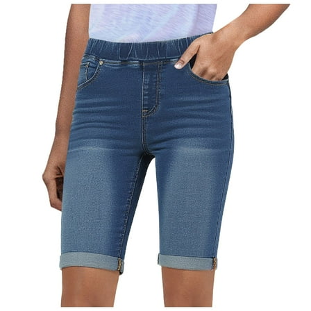 adviicd Womens Mid Rise Roll Bermuda Stretch Denim Jean Shorts for Streetwear Navy, S