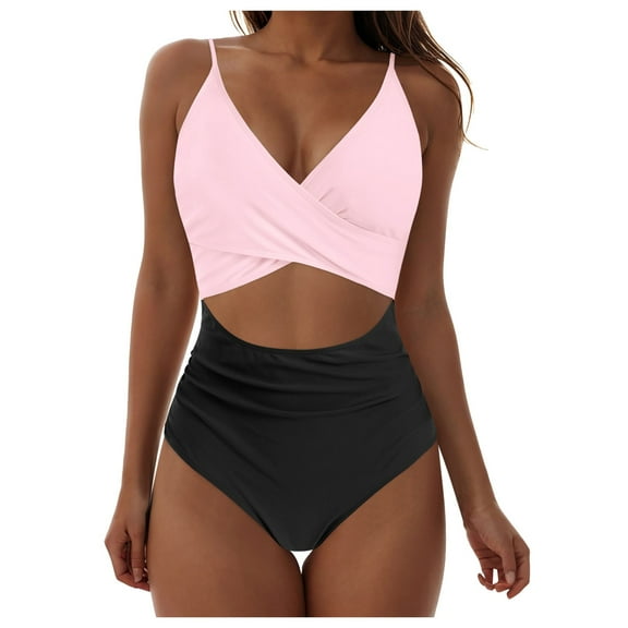 adviicd Womens One Piece Swimsuits Bathing Suit for Women Women's One Piece Swimsuits Tummy Control Front Cross Bathing Suits Tie Back V Neck Swimwear (Pink,S)