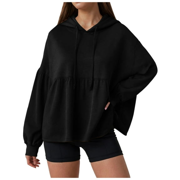 adviicd Womens Oversized Hoodies Sweatshirts Casual Lantern Long Sleeve Drawstring Peplum Hem Loose Pullover Tops (Black, XXL)