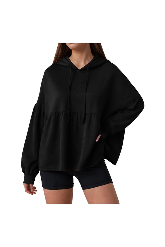 Womens Oversized Hoodies Sweatshirts Casual Lantern Long Sleeve Drawstring Peplum Hem Loose Pullover Tops (Black, XXL)