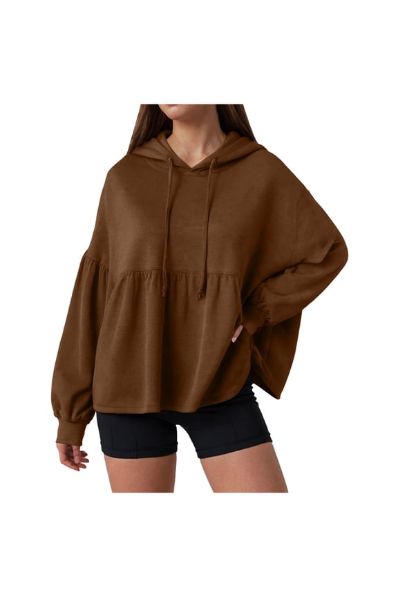 Womens Oversized Hoodies Sweatshirts Casual Lantern Long Sleeve Drawstring Peplum Hem Loose Pullover Tops (Coffee, XXL)