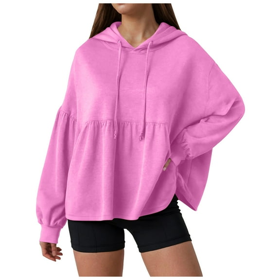 adviicd Womens Oversized Hoodies Sweatshirts Casual Lantern Long Sleeve Drawstring Peplum Hem Loose Pullover Tops (Hot Pink, XXL)