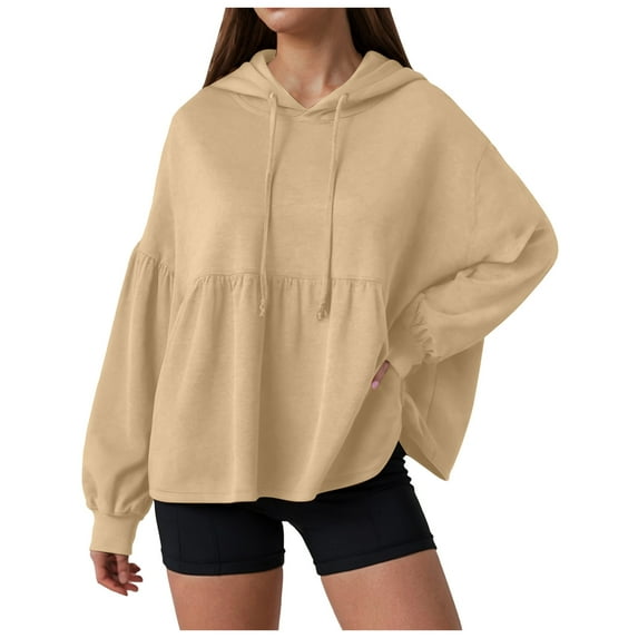 adviicd Womens Oversized Hoodies Sweatshirts Casual Lantern Long Sleeve Drawstring Peplum Hem Loose Pullover Tops (Khaki, XL)